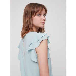 Sunday Best White Ruffle Short Sleeve Button Closure Boxy Crewneck O’Hara Blouse